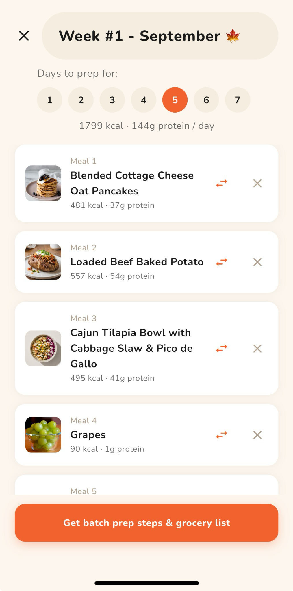 A Miyos weekly plan showing meals that can be swapped