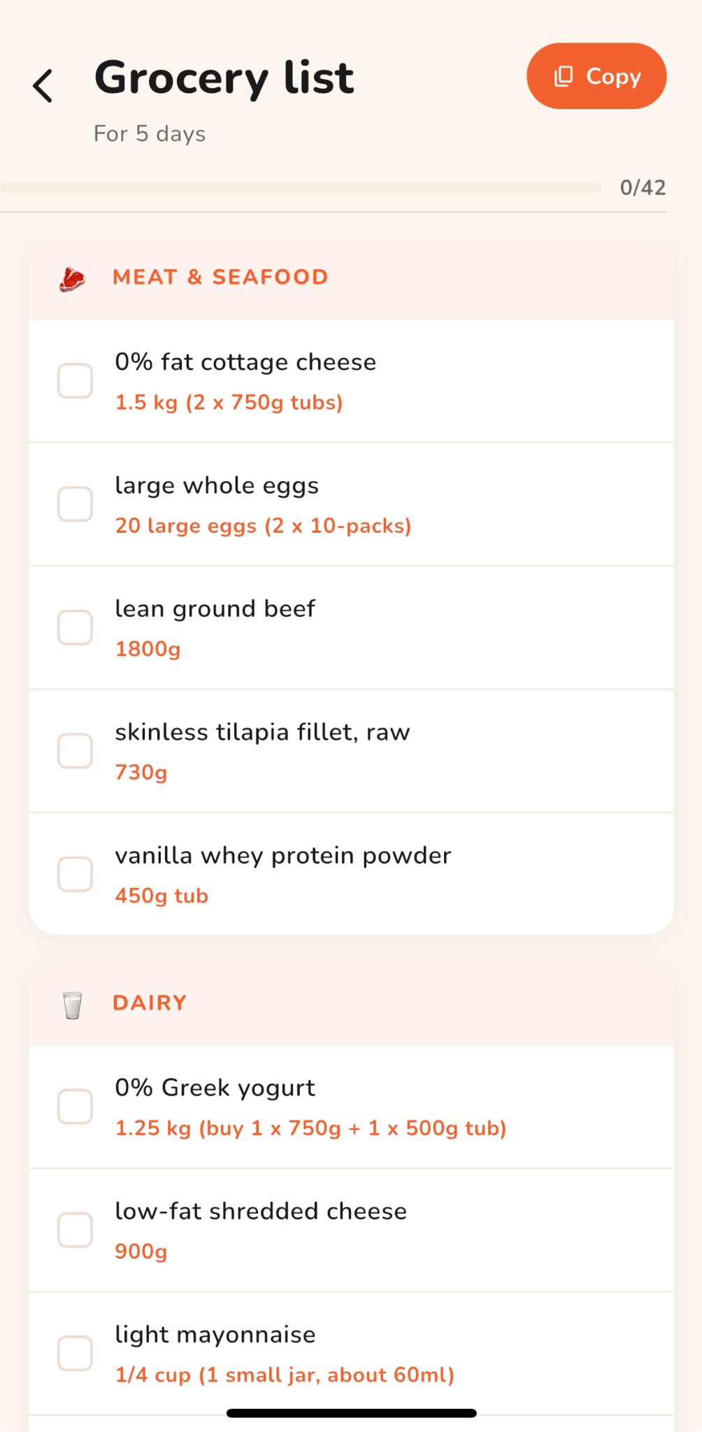 Organized Miyos grocery list